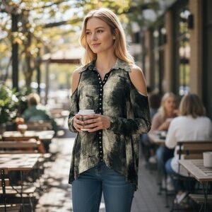 Ariella Tan Black Cold Shoulder Snaps Button Top
New